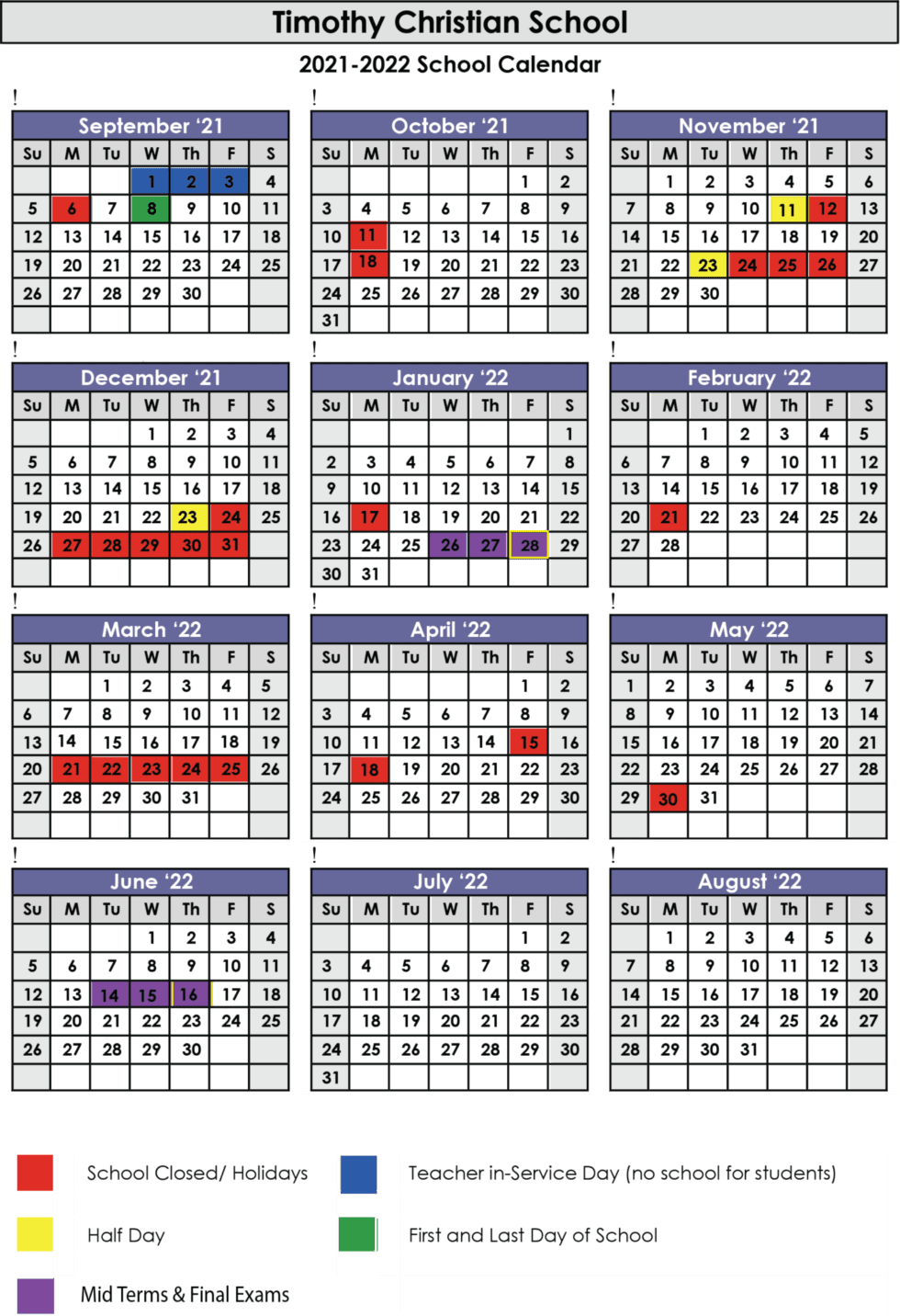 Calendar - Timothy Christian School